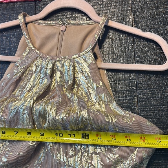 Aqua Formal Floral Print Foil Halter Gown Metallic Gold Beige size 10 - Picture 12 of 16